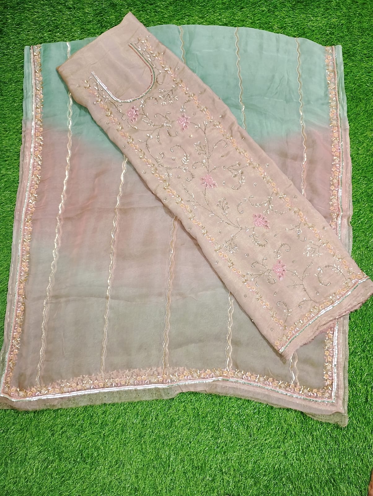 Pure diamond shimmer hand embroidered suit with pure orgenza dupatta