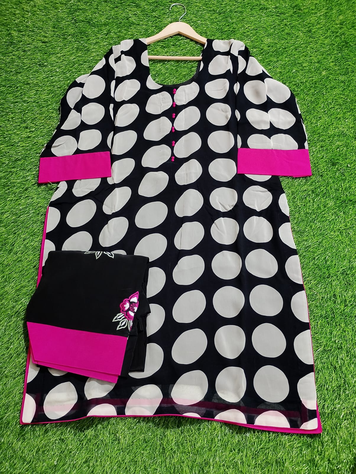 georgete dotted shirts with machine embroidered plain crepe bottom