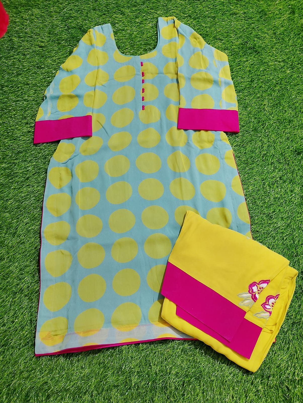 georgete dotted shirts with machine embroidered plain crepe bottom