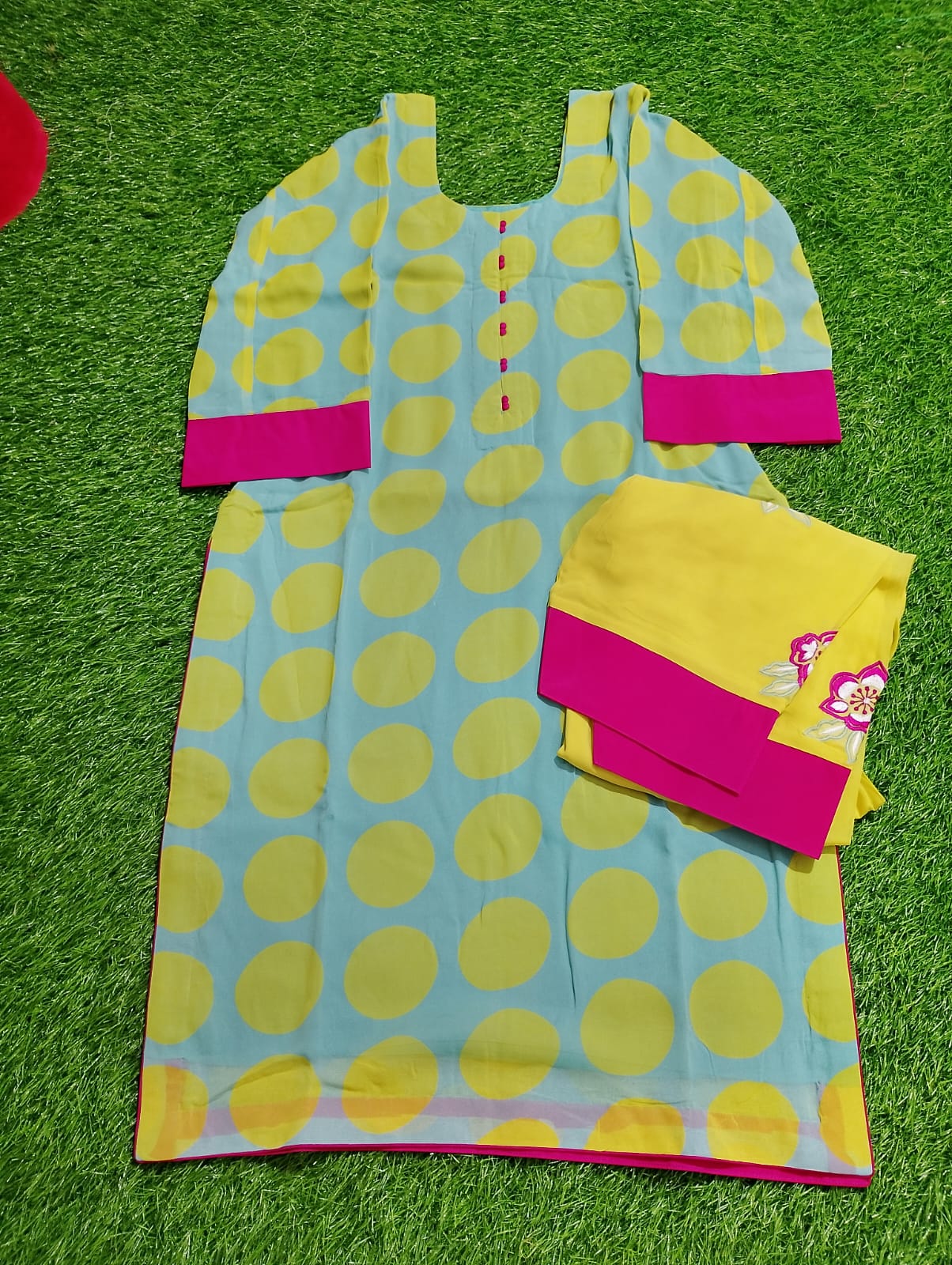 georgete dotted shirts with machine embroidered plain crepe bottom