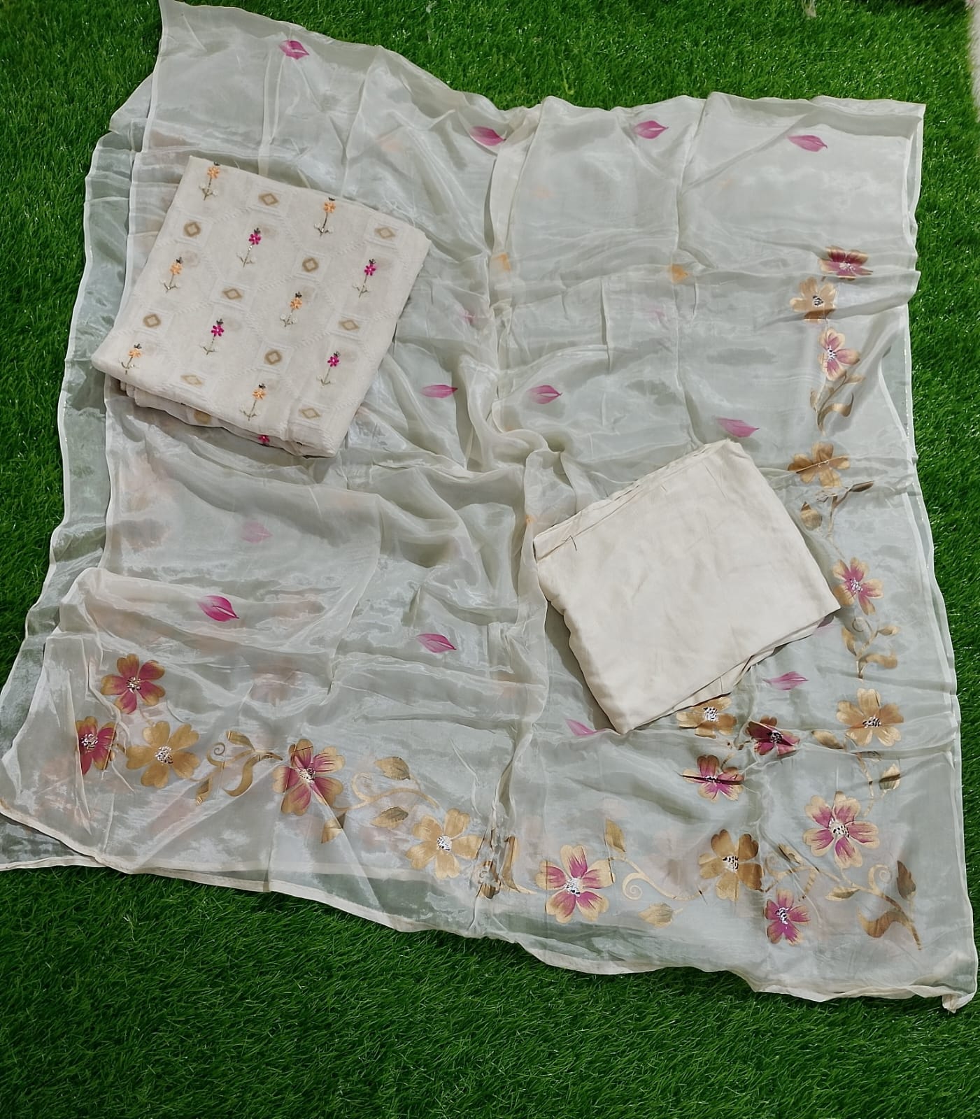 Off white embroidered shirt with painted dupatta