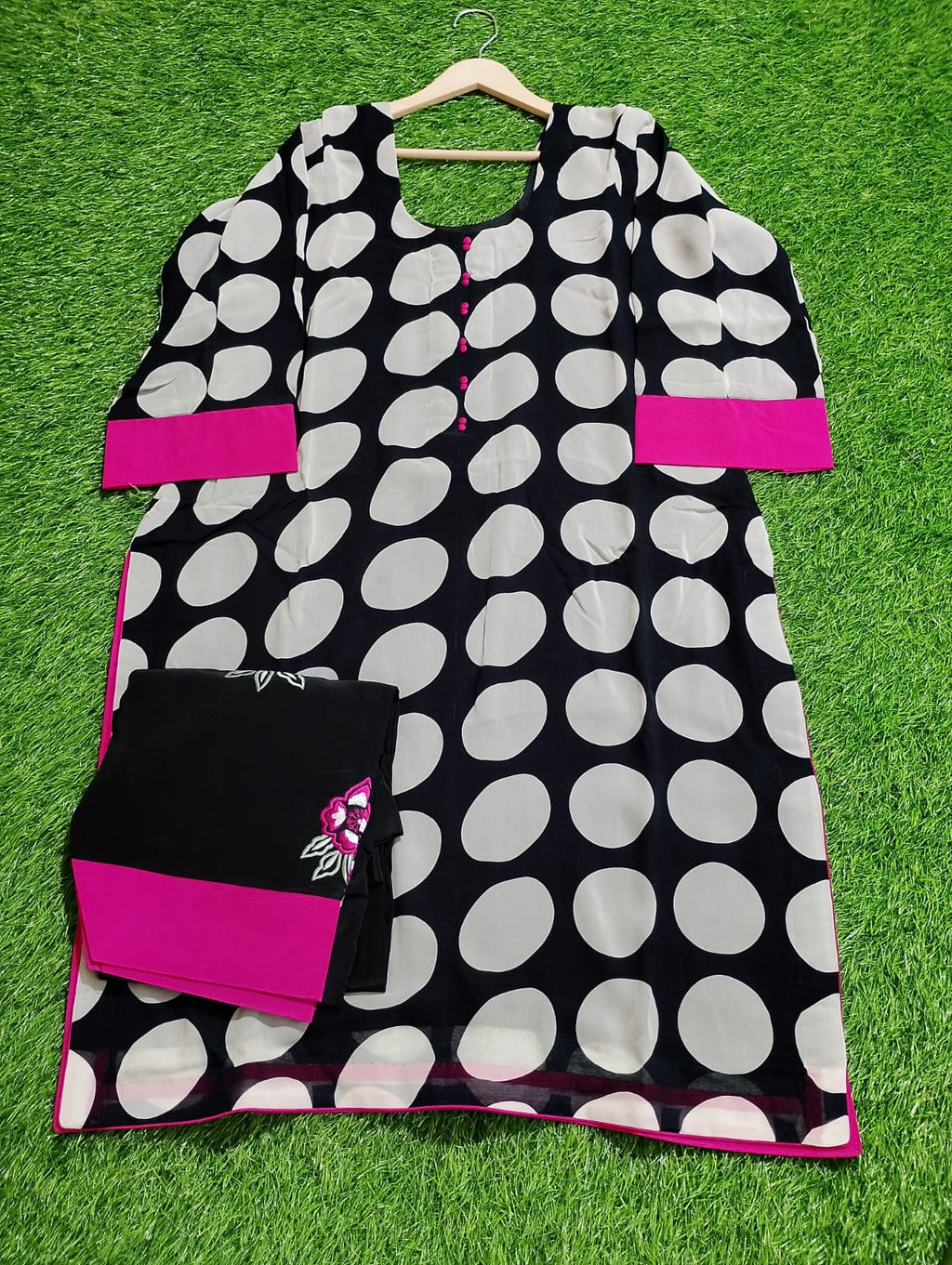 georgete dotted shirts with machine embroidered plain crepe bottom
